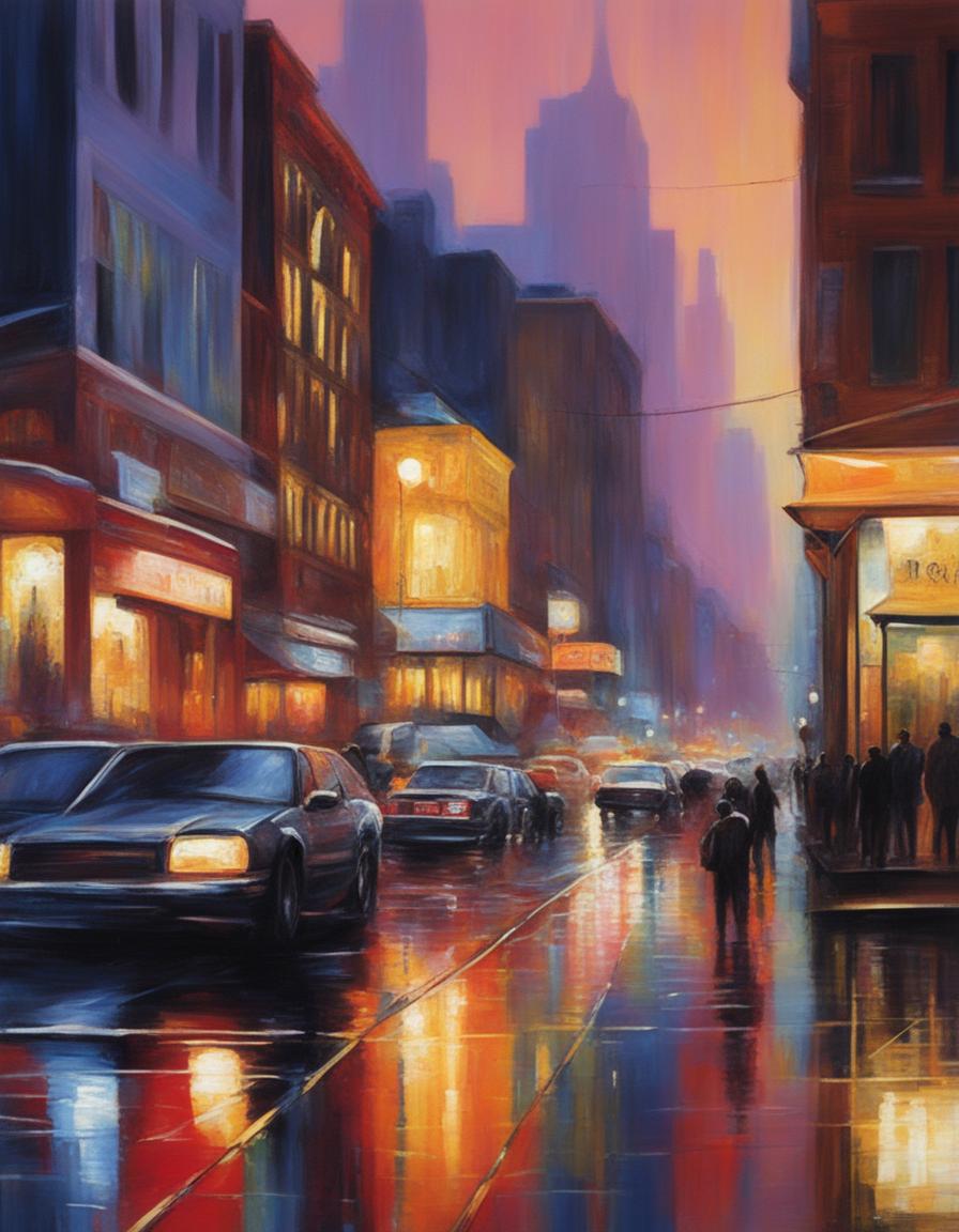 This is an ultra-detailed, impressionistic painting of a vibrant cityscape bathed in a sun shower at sunset