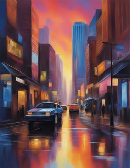 This is an ultra-detailed, impressionistic painting of a vibrant cityscape bathed in a sun shower at sunset