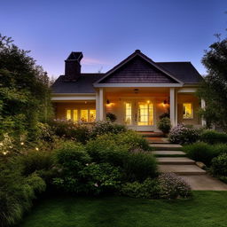 A cozy, welcoming home at sunset with a front garden, picket fence, and luscious greenery. The warm lights from the windows suggest a feeling of far-off comfort.