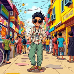A vibrant, colorful depiction of a 'firangi' (foreigner) in a funky and eclectic style
