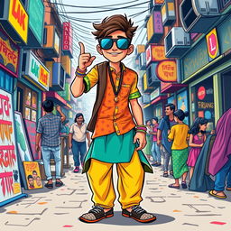 A vibrant, colorful depiction of a 'firangi' (foreigner) in a funky and eclectic style