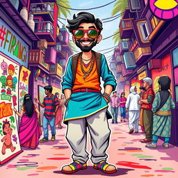 A vibrant, colorful depiction of a 'firangi' (foreigner) in a funky and eclectic style