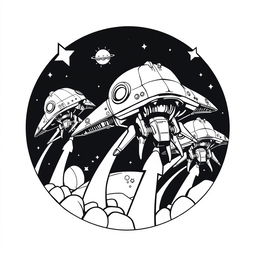 A retro arcade scene featuring black and white 2D monochrome line art of alien spaceships