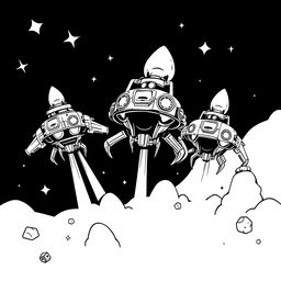 A retro arcade scene featuring black and white 2D monochrome line art of alien spaceships