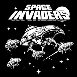 A retro arcade scene featuring black and white 2D monochrome line art of alien spaceships