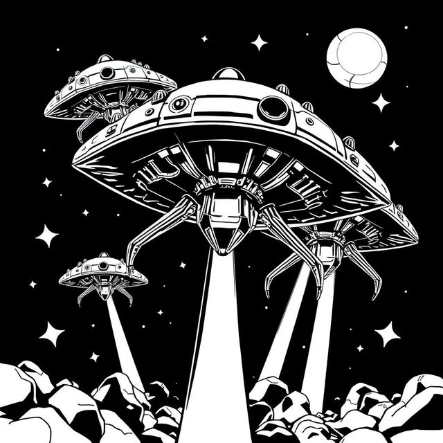 A retro arcade scene featuring black and white 2D monochrome line art of alien spaceships