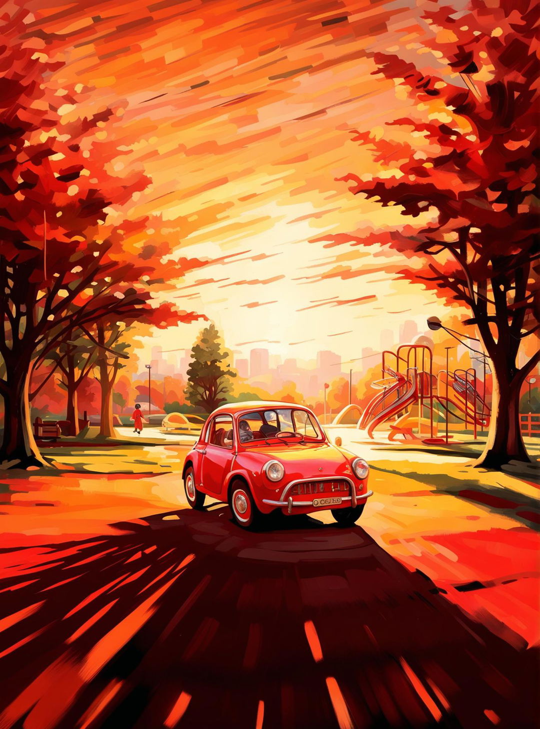 A wide-angle, ultra-detailed, impressionistic painting of a children's park at sunset, featuring a classic red and yellow cozy coupe