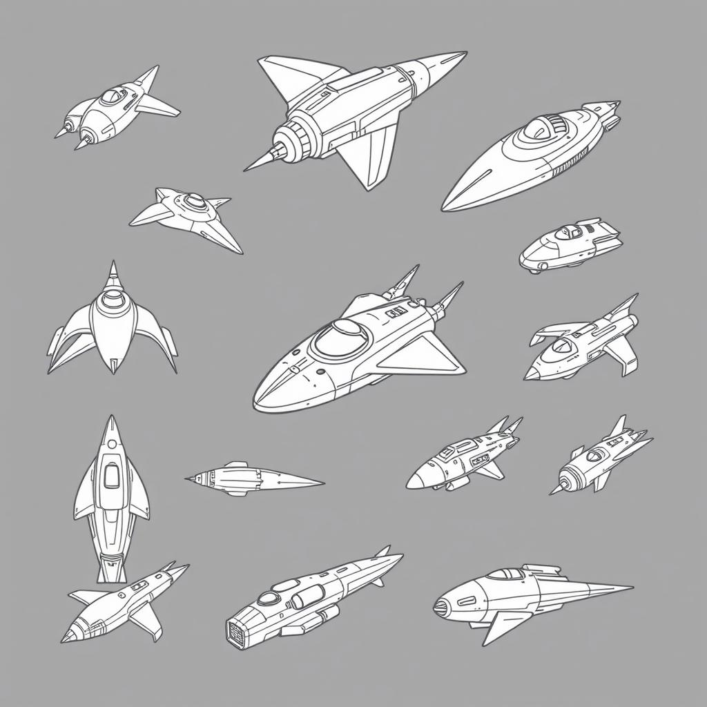 A collection of 2D retro arcade sci-fi alien spaceships, designed in a monochrome color palette, featuring simple line art style