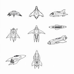 A collection of 2D retro arcade sci-fi alien spaceships, designed in a monochrome color palette, featuring simple line art style