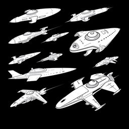A collection of 2D retro arcade sci-fi alien spaceships, designed in a monochrome color palette, featuring simple line art style