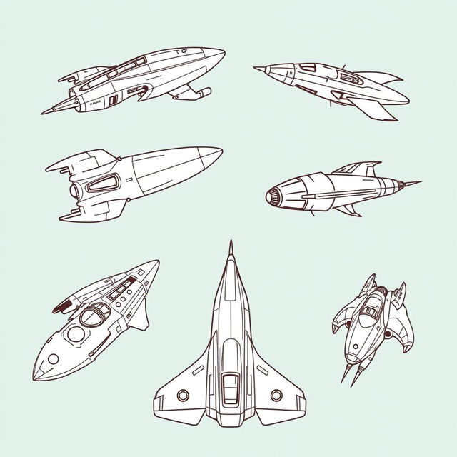 A collection of 2D retro arcade sci-fi alien spaceships, designed in a monochrome color palette, featuring simple line art style