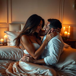 A sensual and intimate moment between an attractive couple in an elegant bedroom, illuminated by soft candlelight
