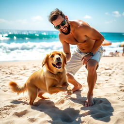A man with a friendly dog on a picturesque beach set, with a vibrant blue ocean waves crashing in the background
