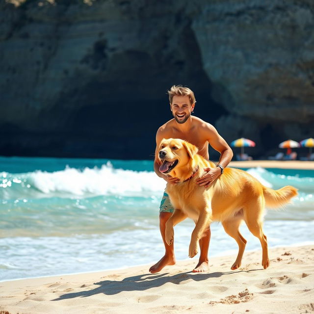 A man with a friendly dog on a picturesque beach set, with a vibrant blue ocean waves crashing in the background