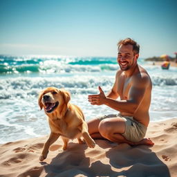 A man with a friendly dog on a picturesque beach set, with a vibrant blue ocean waves crashing in the background