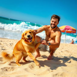 A man with a friendly dog on a picturesque beach set, with a vibrant blue ocean waves crashing in the background