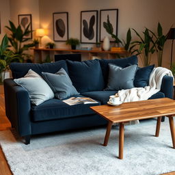 A cozy and stylish living room featuring a dark blue couch as the centerpiece