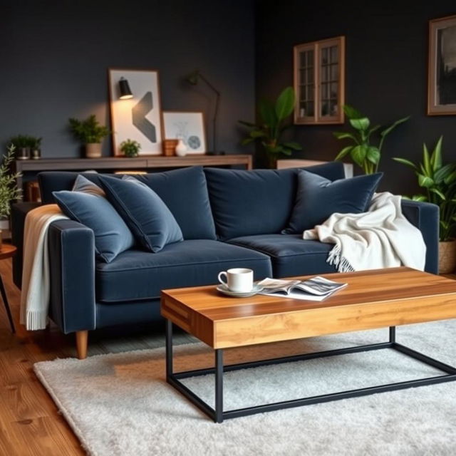 A cozy and stylish living room featuring a dark blue couch as the centerpiece