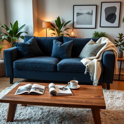 A cozy and stylish living room featuring a dark blue couch as the centerpiece