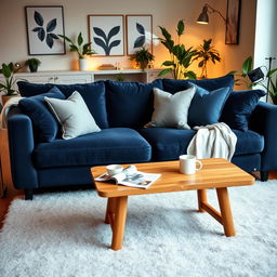 A cozy and stylish living room featuring a dark blue couch as the centerpiece