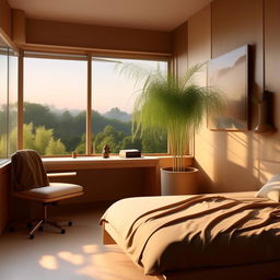 Design an aesthetically pleasing room with a modern style. The room should have a comfortable bed, a wooden desk with a chair, a plant in the corner, and a large window with a view outside.