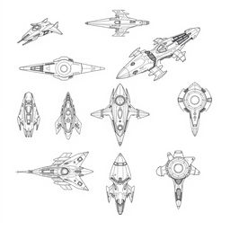 A collection of 2D sci-fi alien ships, designed in a monochrome color palette, featuring simple line art from a top-down angle