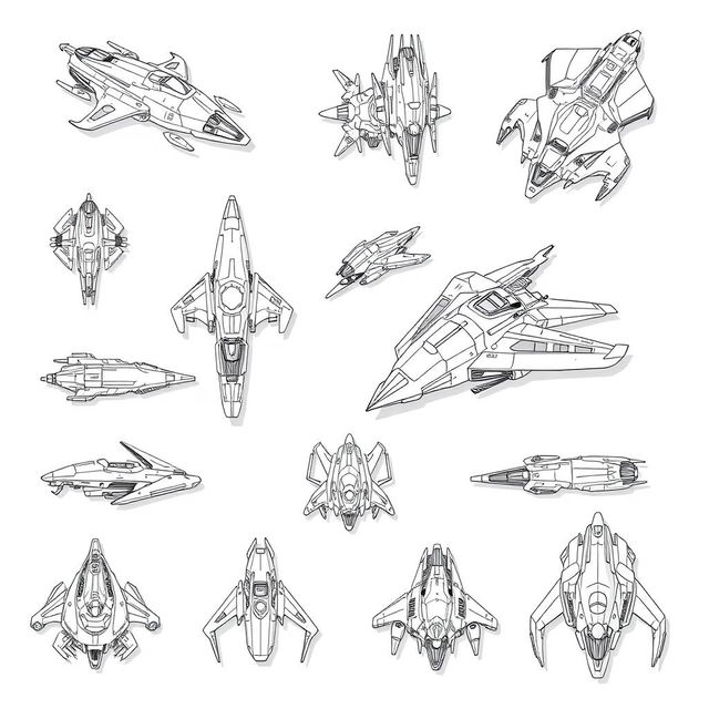 A collection of 2D sci-fi alien ships, designed in a monochrome color palette, featuring simple line art from a top-down angle