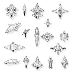 A collection of 2D sci-fi alien ships, designed in a monochrome color palette, featuring simple line art from a top-down angle