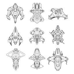 A collection of 2D sci-fi alien ships, designed in a monochrome color palette, featuring simple line art from a top-down angle