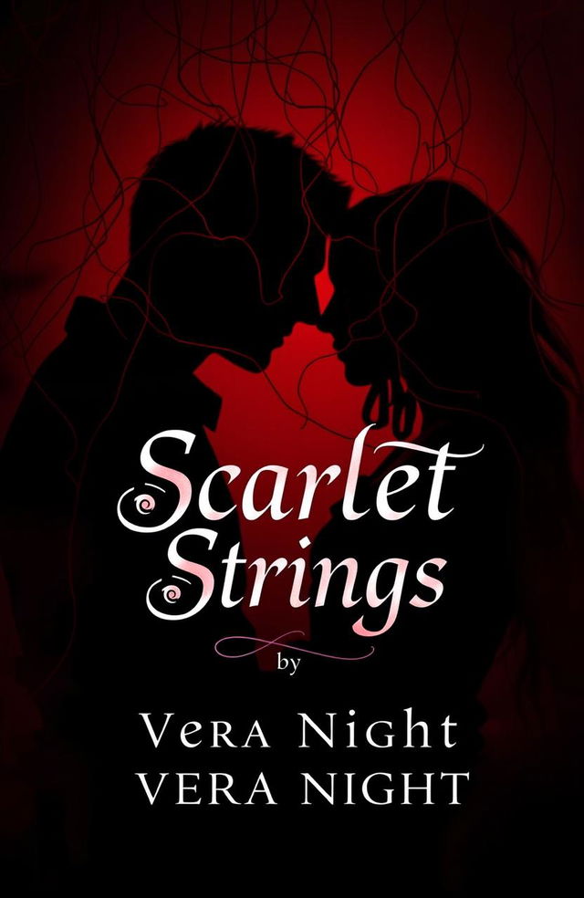 A hauntingly beautiful book cover for 'Scarlet Strings' by Vera Night, featuring a dark love theme