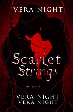 A hauntingly beautiful book cover for 'Scarlet Strings' by Vera Night, featuring a dark love theme