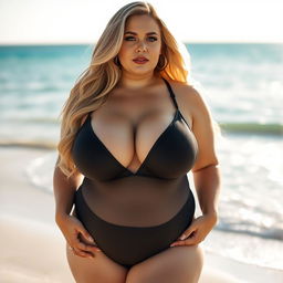 A voluptuous woman with curvy large breasts, wearing a translucent black bikini
