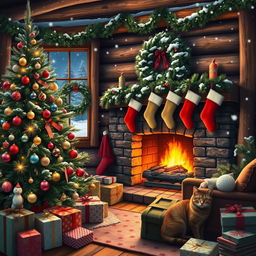 A beautiful Christmas scene featuring a decorated Christmas tree with colorful ornaments and twinkling lights, surrounded by wrapped presents in festive paper
