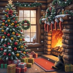 A beautiful Christmas scene featuring a decorated Christmas tree with colorful ornaments and twinkling lights, surrounded by wrapped presents in festive paper
