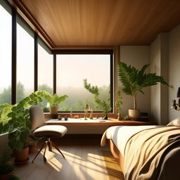 Design an aesthetically pleasing room with a modern style. The room should have a comfortable bed, a wooden desk with a chair, a plant in the corner, and a large window with a view outside.