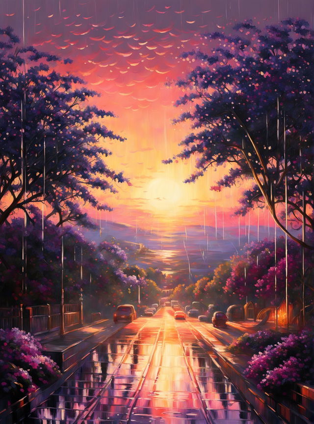 An ultra-detailed, impressionistic painting in high-definition depicts a sunset scene with a jacaranda tree in full bloom under a brilliant sky