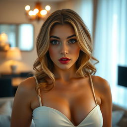 A captivating and seductive 30-year-old woman dressed in a sexy stepdaughter outfit, highlighting an alluring neckline that showcases her ample bosom