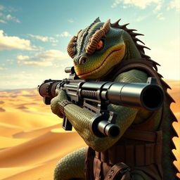 A fierce Trandoshan bounty hunter with a heavily scarred face, wielding a large, robust heavy blaster rifle, positioned confidently in front of a vast desert backdrop