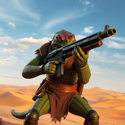 A fierce Trandoshan bounty hunter with a heavily scarred face, wielding a large, robust heavy blaster rifle, positioned confidently in front of a vast desert backdrop