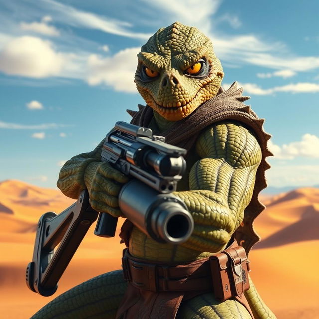 A fierce Trandoshan bounty hunter with a heavily scarred face, wielding a large, robust heavy blaster rifle, positioned confidently in front of a vast desert backdrop