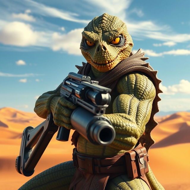 A fierce Trandoshan bounty hunter with a heavily scarred face, wielding a large, robust heavy blaster rifle, positioned confidently in front of a vast desert backdrop