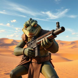 A fierce Trandoshan bounty hunter with a heavily scarred face, wielding a large, robust heavy blaster rifle, positioned confidently in front of a vast desert backdrop