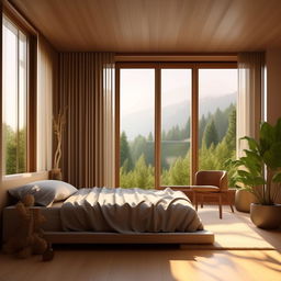 Design an aesthetically pleasing room with a modern style. The room should have a comfortable bed, a wooden desk with a chair, a plant in the corner, and a large window with a view outside.