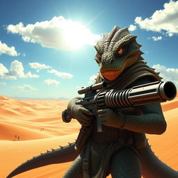 A fierce Trandoshan bounty hunter with a heavily scarred face, gripping a massive heavy ion blaster, standing boldly against a stunning desert backdrop