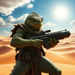 A fierce Trandoshan bounty hunter with a heavily scarred face, gripping a massive heavy ion blaster, standing boldly against a stunning desert backdrop