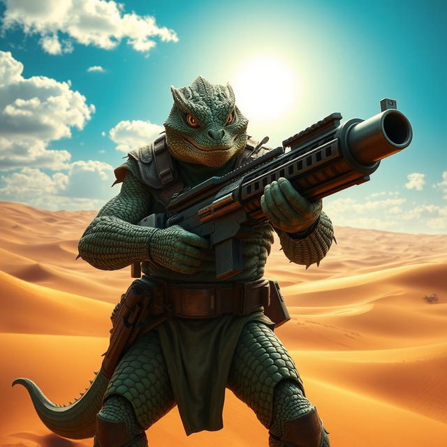 A fierce Trandoshan bounty hunter with a heavily scarred face, gripping a massive heavy ion blaster, standing boldly against a stunning desert backdrop