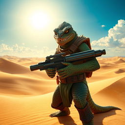 A fierce Trandoshan bounty hunter with a heavily scarred face, gripping a massive heavy ion blaster, standing boldly against a stunning desert backdrop
