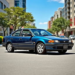 A stunning 1995 Toyota Corolla AE101 beautifully parked in an urban setting, with vibrant city life in the background
