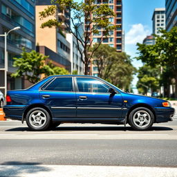 A stunning 1995 Toyota Corolla AE101 beautifully parked in an urban setting, with vibrant city life in the background