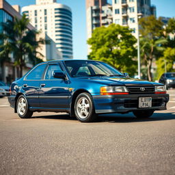 A stunning 1995 Toyota Corolla AE101 beautifully parked in an urban setting, with vibrant city life in the background